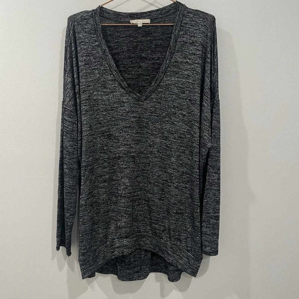 Joan Vass Studio Knit Heathered Sweater Shirt Long Sleeve Black Gray Size Large